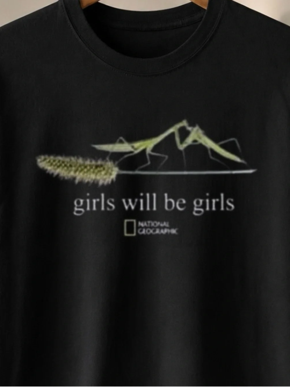 Gildan Black Tee with Subtle Green Praying Mantis Graphic